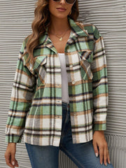 Green plaid collared long sleeve jacket with button front and chest pockets