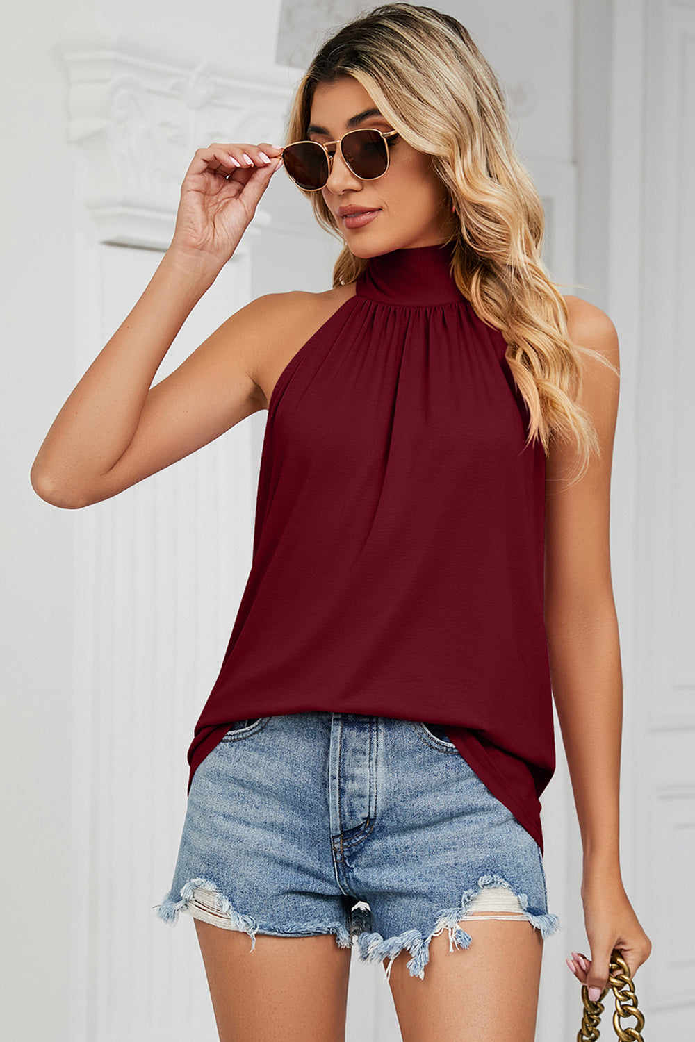 Burgundy high neck halter tank top with gathered neckline detail