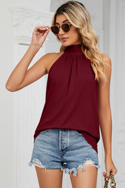Burgundy high neck halter tank top with gathered neckline detail