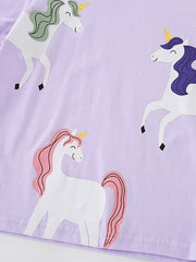 Toddler purple cotton t-shirt with a whimsical unicorn graphic print.
