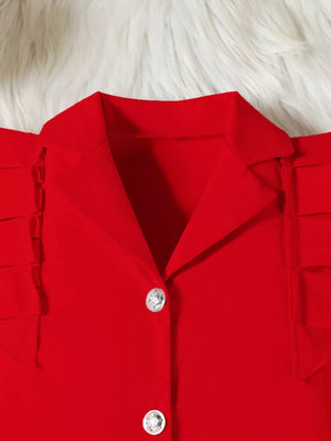 Red toddler collared shirt with ruffled sleeves and decorative buttons