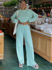 Aqua waffle knit cropped lounge set with wide leg pants.