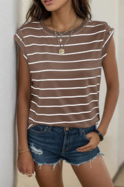 Brown and white striped tee with cap sleeves and button shoulder detail.