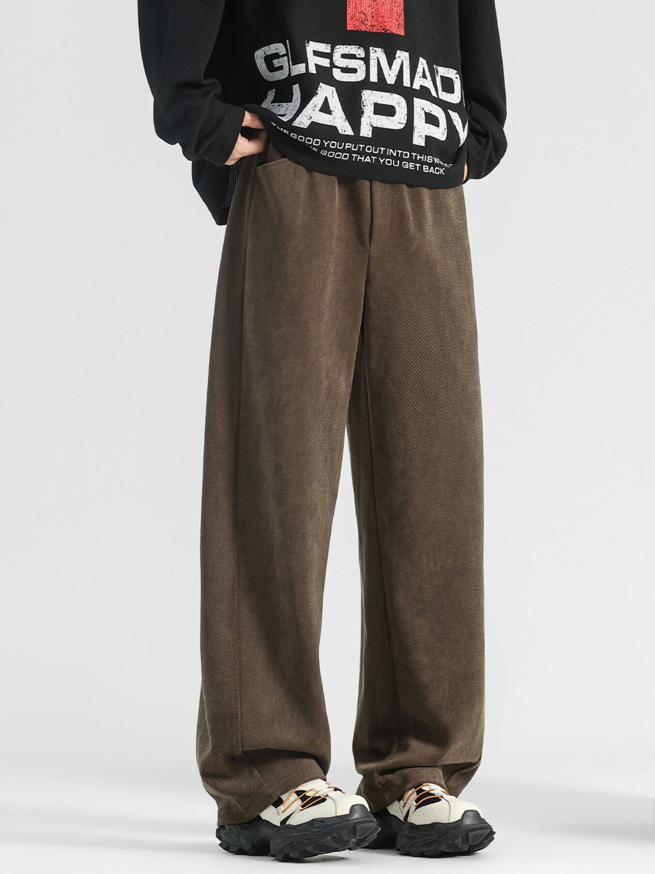Men's dark coffee loose fit sweatpants with pockets and subtle diagonal texture.