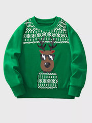 Green crewneck sweatshirt with a festive reindeer graphic wearing sunglasses and a snowflake pattern.