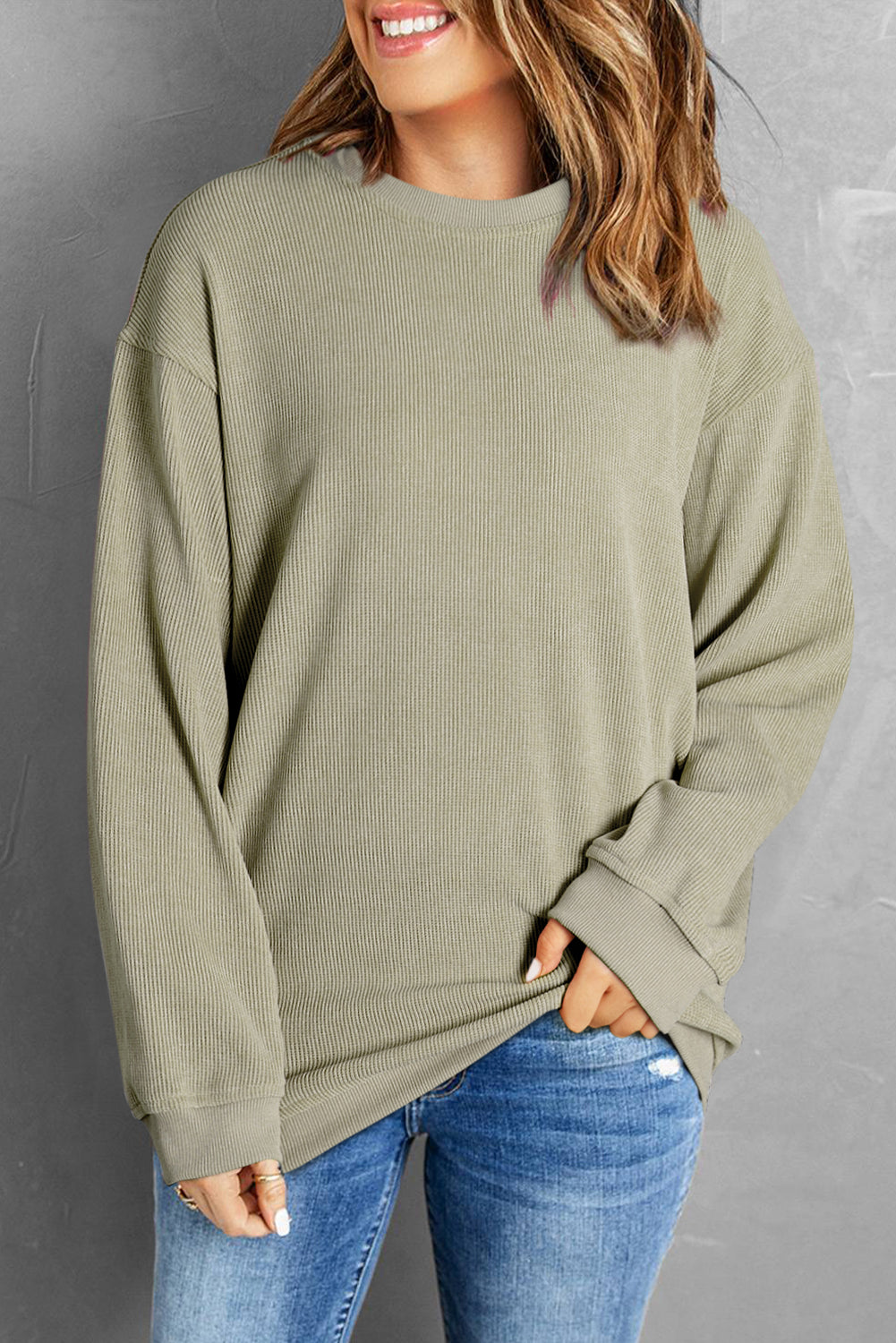 Textured ribbed crewneck pullover in Sage, a casual long-sleeve sweater.