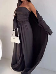 Strapless Ruched Crop Top & Wide-leg Pants Set in Black, alternate angle