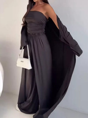 Strapless Ruched Crop Top & Wide-leg Pants Set in Black, alternate angle