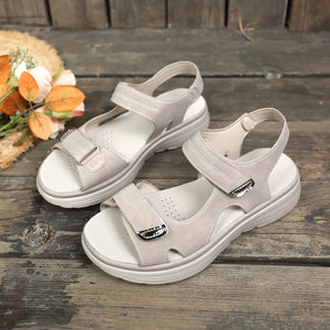 Beige platform sandals with contrast stitching and adjustable straps.