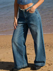 Blue denim maternity jeans with frayed hem and wide leg