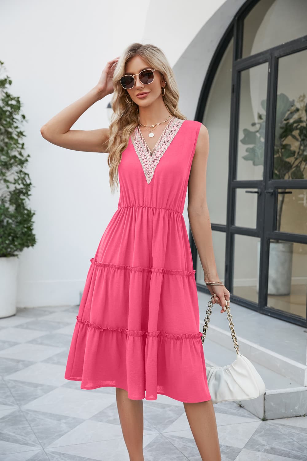 Hot Pink lace-trimmed tiered sleeveless midi dress with V-neck and elastic waist