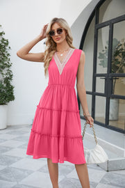 Hot Pink lace-trimmed tiered sleeveless midi dress with V-neck and elastic waist