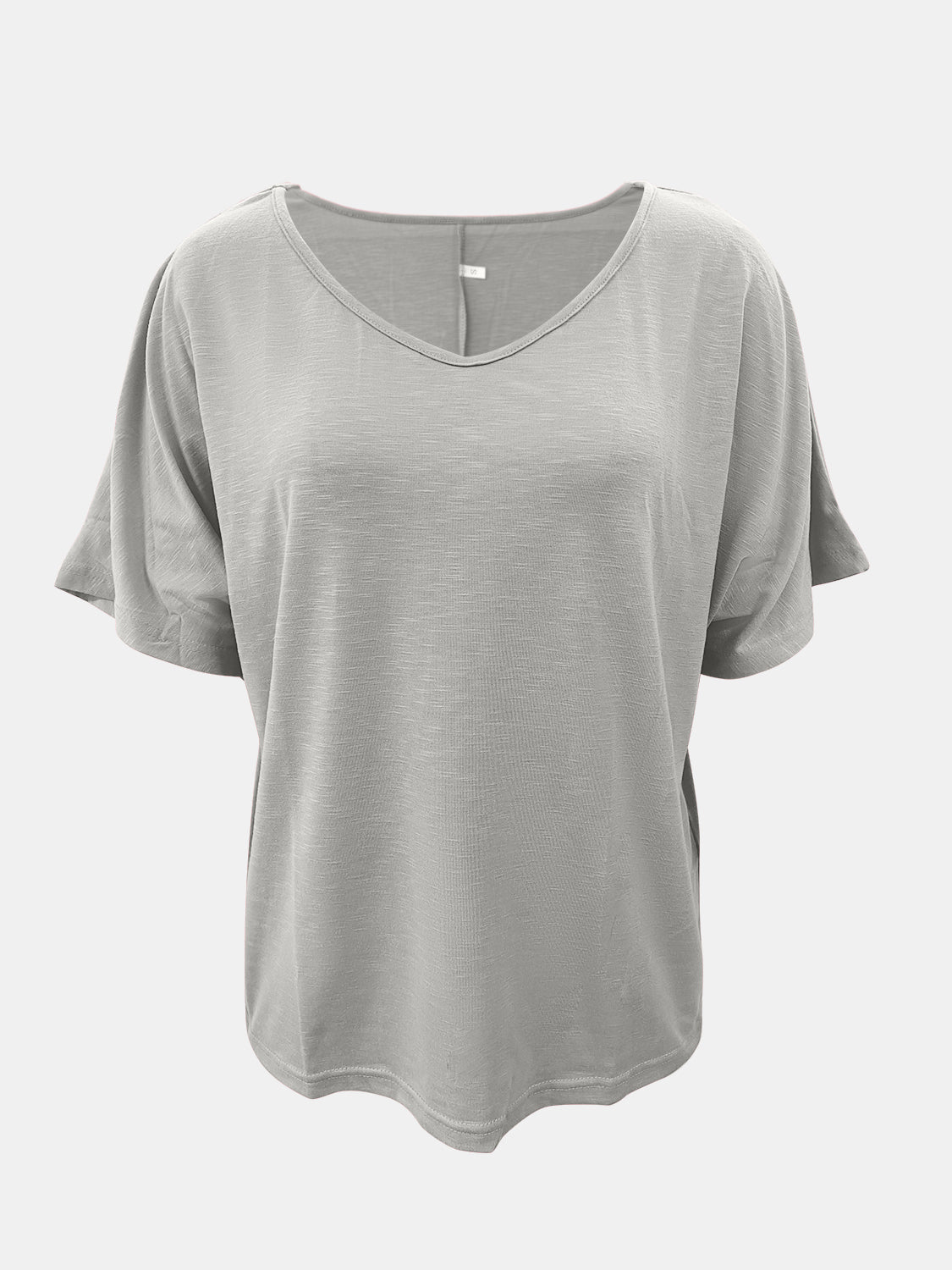Gray relaxed V-neck tee with dolman sleeves and textured fabric.