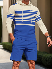 Blue and cream striped hoodie with drawstring and matching shorts.