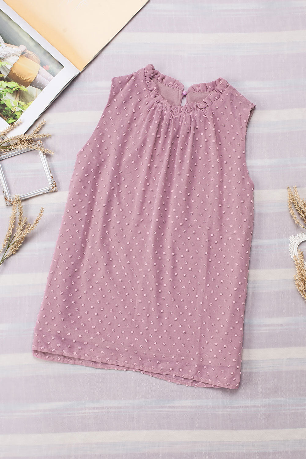 Textured halter neck tank top in dusty pink with ruffled collar and button closure