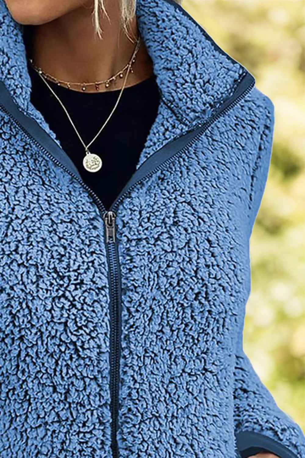 Royal Blue teddy fleece zip-up jacket with a stand-up collar.