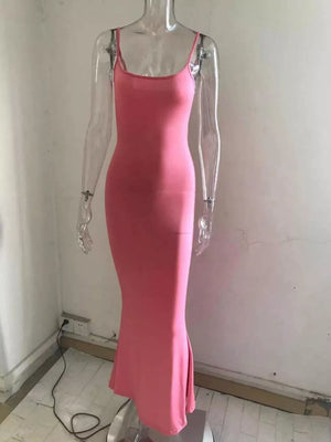 Spaghetti strap bodycon maxi dress in pink with a square neckline and a subtle fishtail hem.