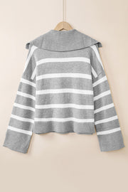 Light gray and white striped knit pullover sweater with a wide collar.