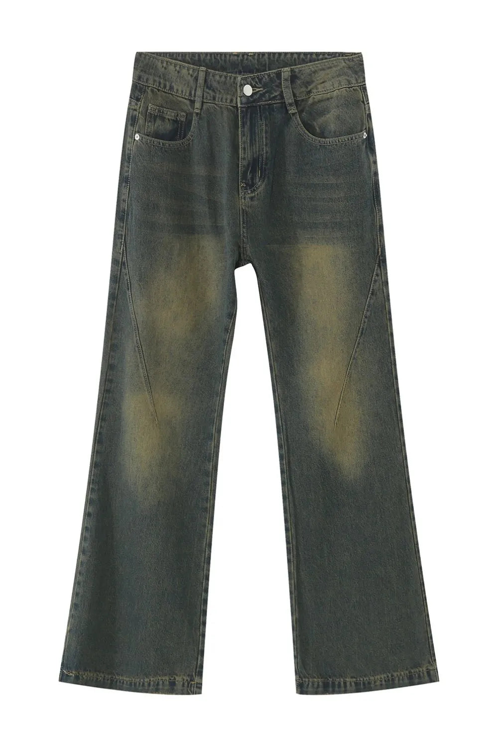 Faded wash flare denim jeans in dark with distressed detailing.