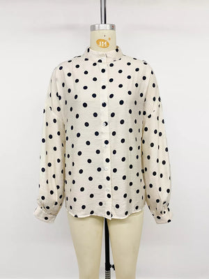 Polka Dot Button-up Shirt in Beige, fabric detail