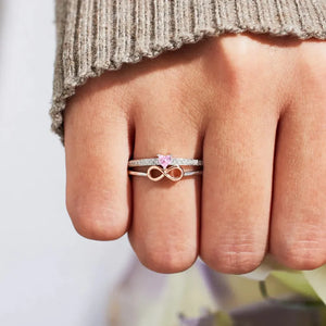 Silver infinity heart ring set with pink stone and diamond accents
