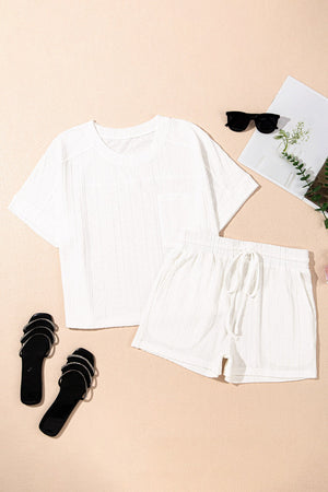 White textured knit drawstring short set with short sleeve top and elastic waist shorts