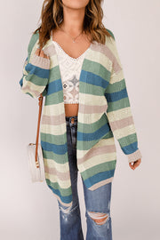 Multicolor open knit duster cardigan with horizontal stripes and a relaxed fit.