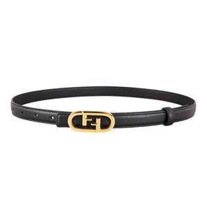 Black cowhide leather belt with gold oval buckle and interlocking F logo.