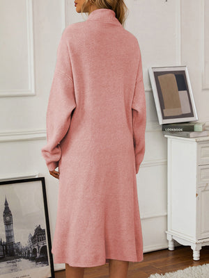 Dusty Pink ribbed knit midi dress with a high neck and long sleeves.