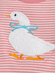 Baby set with embroidered duck and blue bow on pink stripe cotton blend fabric.