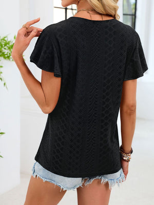 Black flutter sleeve t-shirt with textured pattern and ruched detail.