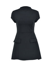 Black mock neck mini dress with cap sleeves and two front flap pockets.