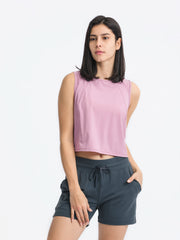 Dusty Pink mesh-inset back cropped active tank with crew neck and sleeveless cut.