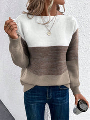 Colorblock boatneck knit sweater in white, brown, and taupe acrylic with a relaxed fit.