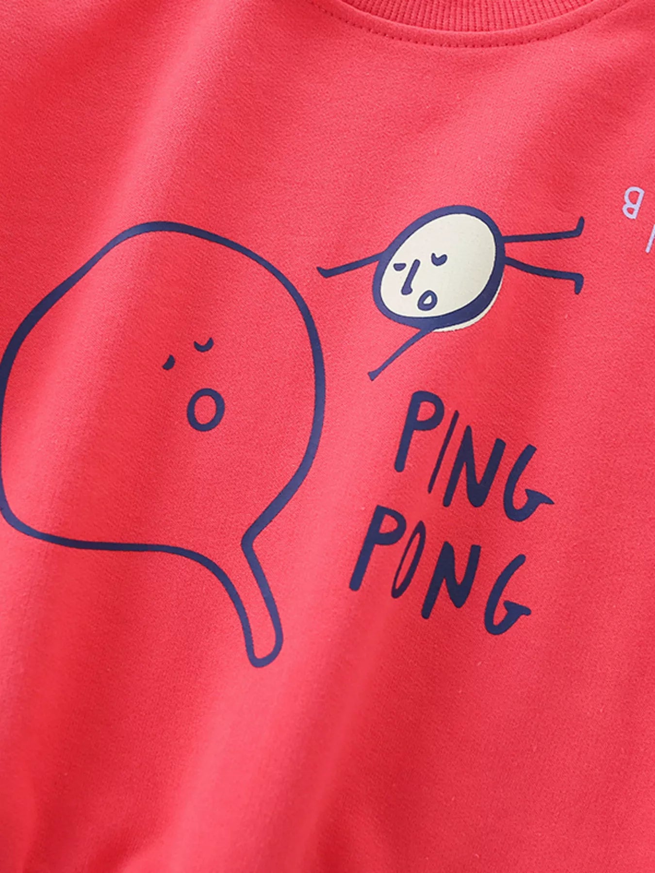 Red crew neck sweatshirt with blue graphic and text saying PING PONG