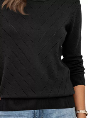 Openwork Round Neck Sweater in Caramel with openwork