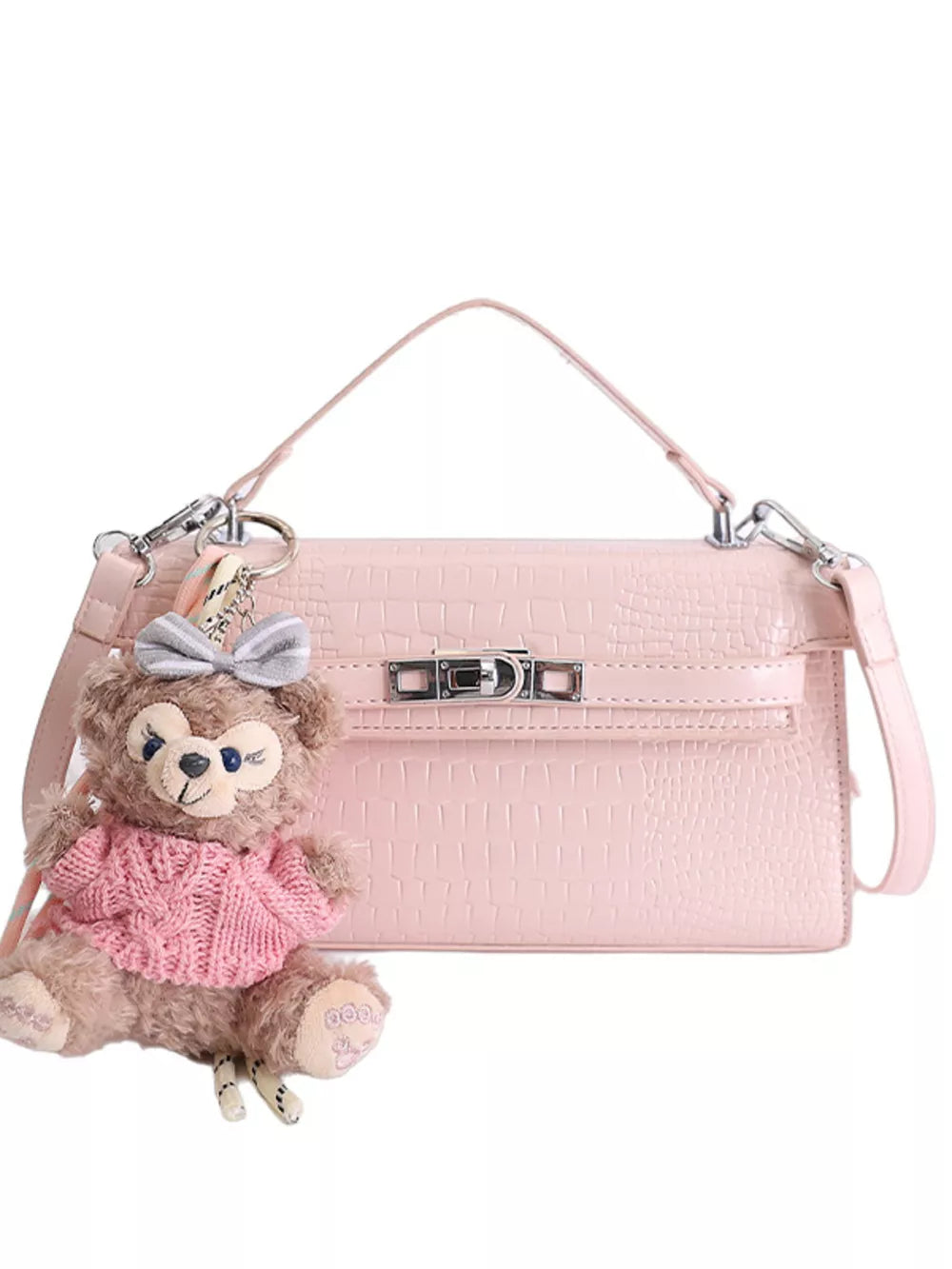 Croc-embossed Pu Leather Crossbody Bag in Pink, product detail