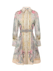 Pastel floral print shirt dress with button front and grey belted waist.