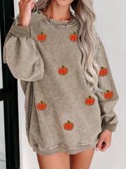 Corduroy sweatshirt in Dust Storm with embroidered pumpkins, crew neck, long sleeves.