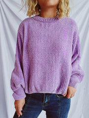 Lavender ribbed knit relaxed crewneck pullover sweater with textured detail