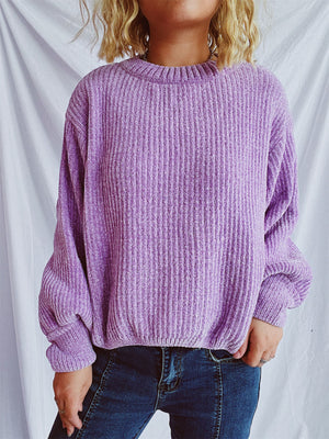 Lavender ribbed knit relaxed crewneck pullover sweater with textured detail
