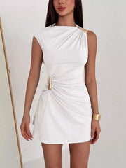 Ruched Asymmetrical Sleeveless Mini Dress in White, view 11
