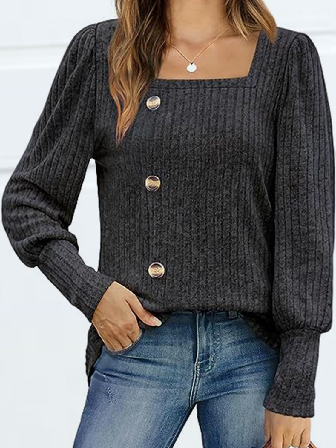 Ribbed knit square neck blouse in dark gray with puff sleeves and gold buttons