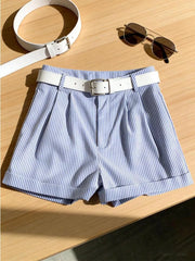 Blue and white striped chino shorts with cuffed hems and a white belt.
