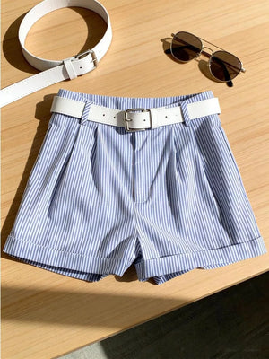 Blue and white striped chino shorts with cuffed hems and a white belt.