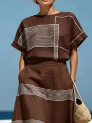 Full Size Striped Round Neck Top And Skirt Set, alternate angle