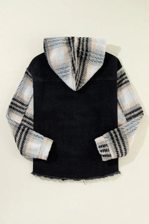 Black denim trucker jacket with plaid flannel sleeves and hood