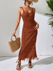 Camel crochet maxi dress with fringe hem and intricate knit patterns.