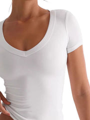 White V-neck tee with short sleeves, a second-skin fit, and a sculpted neckline.
