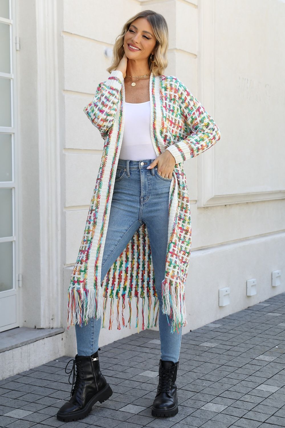 Chromatic crochet maxi cardigan with fringe detail in Multi color, acrylic material.